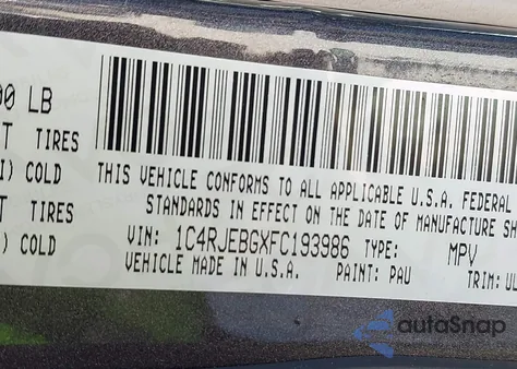 2015 Jeep Grand Cherokee Limited z USA, uszkodzony, nr VIN 1C4RJEBGXFC193986